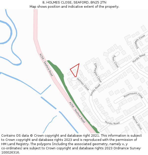 8, HOLMES CLOSE, SEAFORD, BN25 2TN: Location map and indicative extent of plot