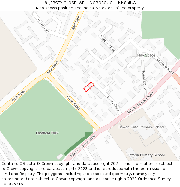 8, JERSEY CLOSE, WELLINGBOROUGH, NN8 4UA: Location map and indicative extent of plot