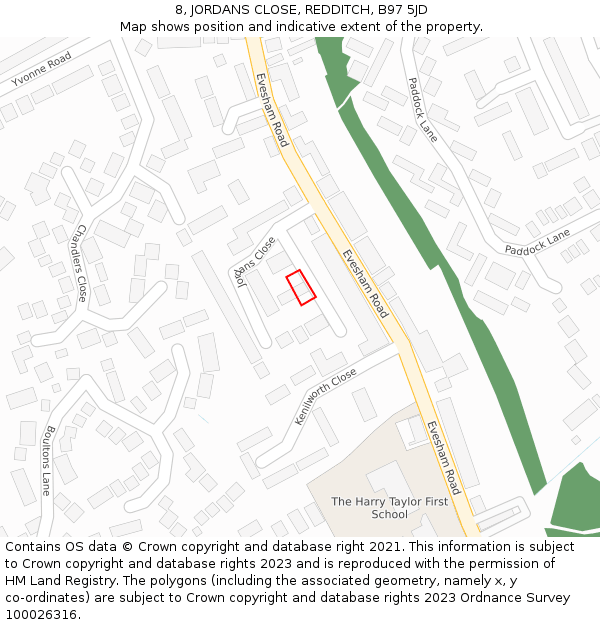 8, JORDANS CLOSE, REDDITCH, B97 5JD: Location map and indicative extent of plot