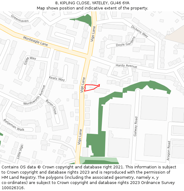 8, KIPLING CLOSE, YATELEY, GU46 6YA: Location map and indicative extent of plot