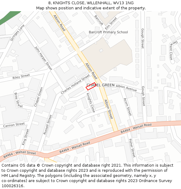 8, KNIGHTS CLOSE, WILLENHALL, WV13 1NG: Location map and indicative extent of plot