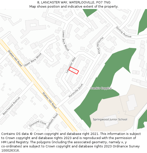 8, LANCASTER WAY, WATERLOOVILLE, PO7 7NG: Location map and indicative extent of plot