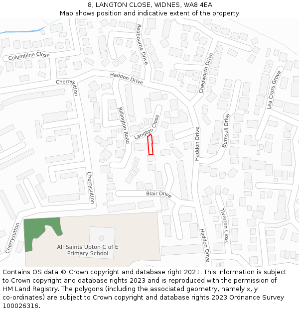 8, LANGTON CLOSE, WIDNES, WA8 4EA: Location map and indicative extent of plot