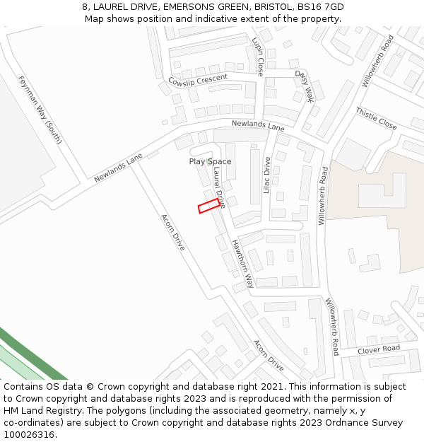 8, LAUREL DRIVE, EMERSONS GREEN, BRISTOL, BS16 7GD: Location map and indicative extent of plot