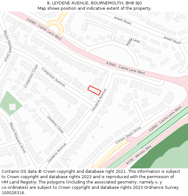 8, LEYDENE AVENUE, BOURNEMOUTH, BH8 9JG: Location map and indicative extent of plot