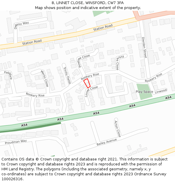 8, LINNET CLOSE, WINSFORD, CW7 3FA: Location map and indicative extent of plot