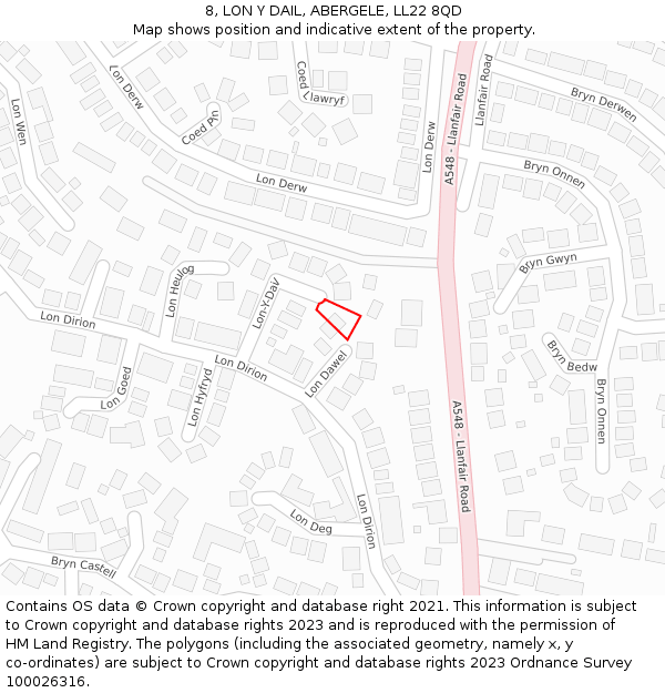 8, LON Y DAIL, ABERGELE, LL22 8QD: Location map and indicative extent of plot