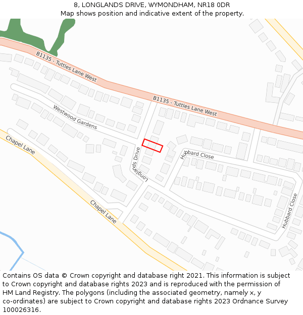 8, LONGLANDS DRIVE, WYMONDHAM, NR18 0DR: Location map and indicative extent of plot