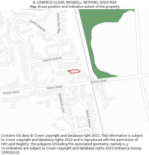 8, LOWFIELD CLOSE, RANSKILL, RETFORD, DN22 8GA: Location map and indicative extent of plot