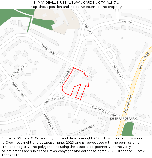 8, MANDEVILLE RISE, WELWYN GARDEN CITY, AL8 7JU: Location map and indicative extent of plot