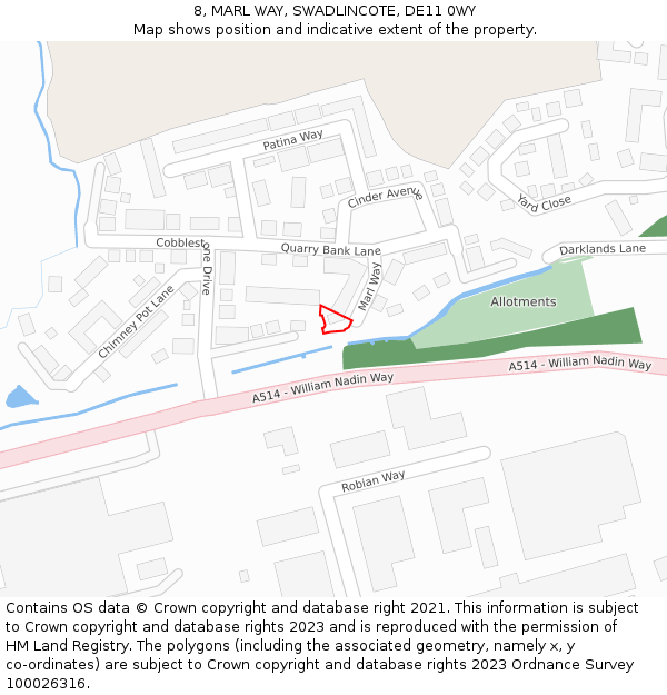 8, MARL WAY, SWADLINCOTE, DE11 0WY: Location map and indicative extent of plot