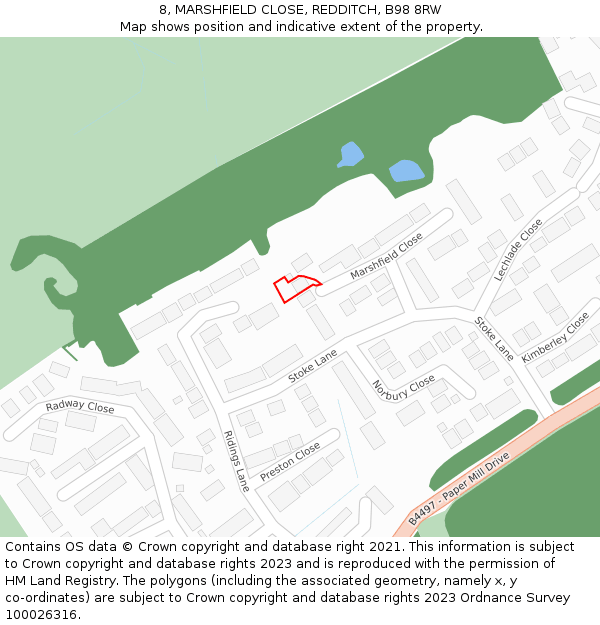 8, MARSHFIELD CLOSE, REDDITCH, B98 8RW: Location map and indicative extent of plot