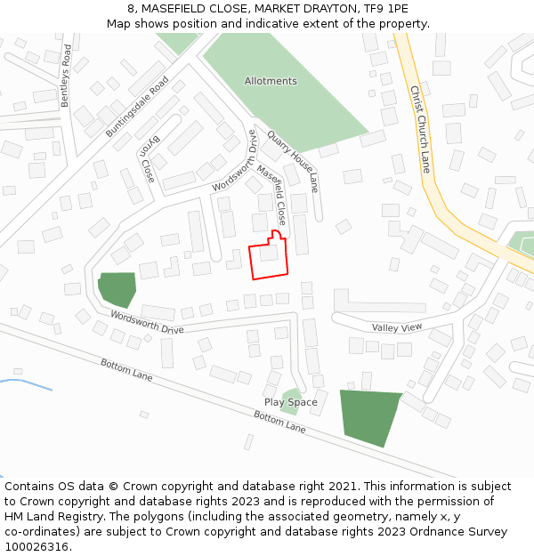 8, MASEFIELD CLOSE, MARKET DRAYTON, TF9 1PE: Location map and indicative extent of plot