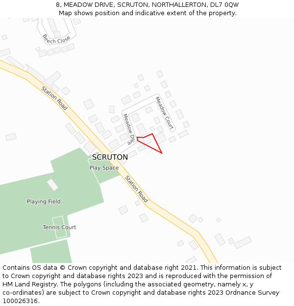 8, MEADOW DRIVE, SCRUTON, NORTHALLERTON, DL7 0QW: Location map and indicative extent of plot