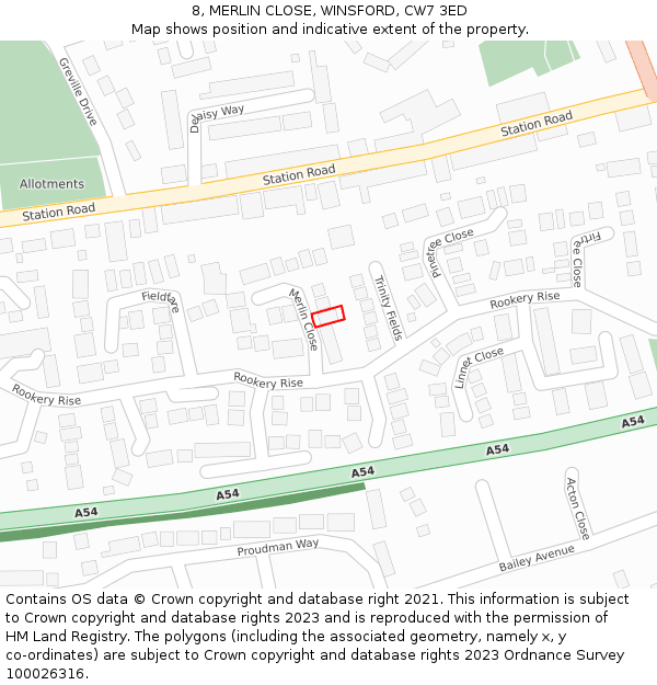 8, MERLIN CLOSE, WINSFORD, CW7 3ED: Location map and indicative extent of plot