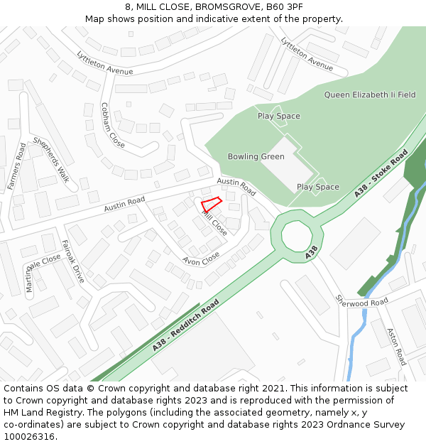 8, MILL CLOSE, BROMSGROVE, B60 3PF: Location map and indicative extent of plot