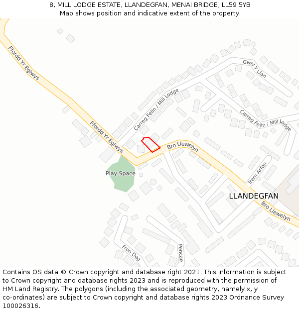 8, MILL LODGE ESTATE, LLANDEGFAN, MENAI BRIDGE, LL59 5YB: Location map and indicative extent of plot