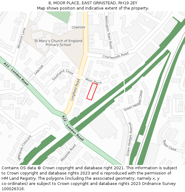 8, MOOR PLACE, EAST GRINSTEAD, RH19 2EY: Location map and indicative extent of plot