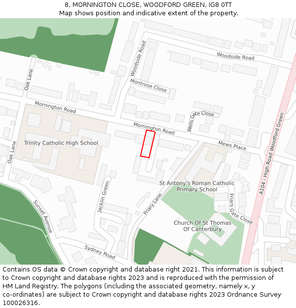 8, MORNINGTON CLOSE, WOODFORD GREEN, IG8 0TT: Location map and indicative extent of plot