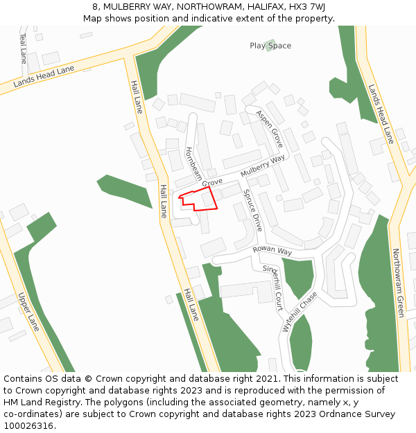 8, MULBERRY WAY, NORTHOWRAM, HALIFAX, HX3 7WJ: Location map and indicative extent of plot