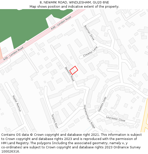 8, NEWARK ROAD, WINDLESHAM, GU20 6NE: Location map and indicative extent of plot