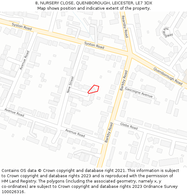 8, NURSERY CLOSE, QUENIBOROUGH, LEICESTER, LE7 3DX: Location map and indicative extent of plot