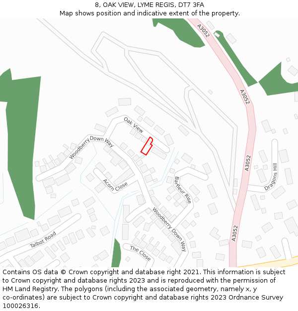 8, OAK VIEW, LYME REGIS, DT7 3FA: Location map and indicative extent of plot