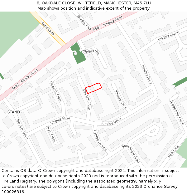 8, OAKDALE CLOSE, WHITEFIELD, MANCHESTER, M45 7LU: Location map and indicative extent of plot