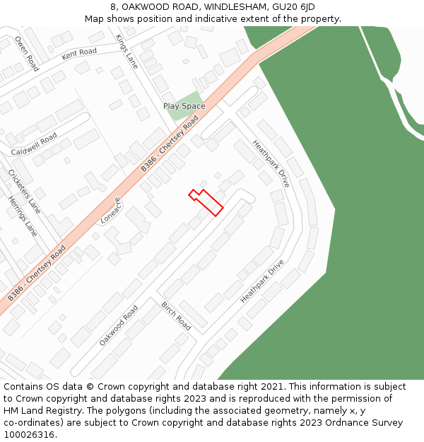 8, OAKWOOD ROAD, WINDLESHAM, GU20 6JD: Location map and indicative extent of plot