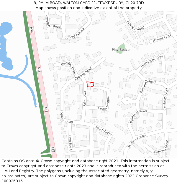 8, PALM ROAD, WALTON CARDIFF, TEWKESBURY, GL20 7RD: Location map and indicative extent of plot