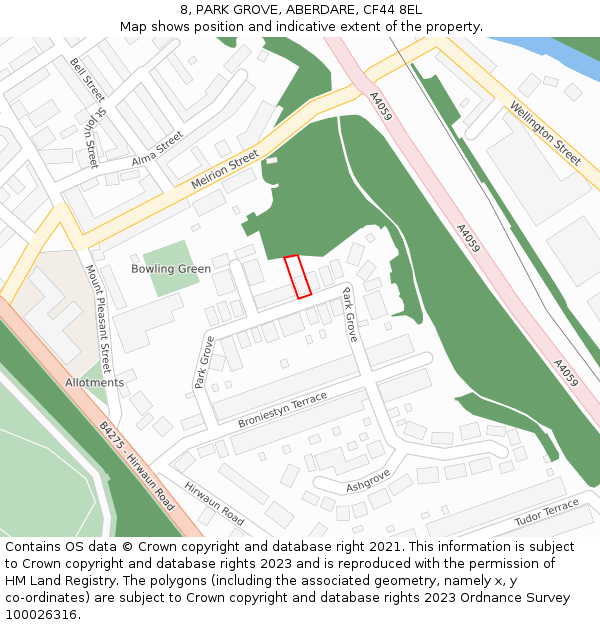 8, PARK GROVE, ABERDARE, CF44 8EL: Location map and indicative extent of plot