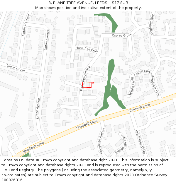 8, PLANE TREE AVENUE, LEEDS, LS17 8UB: Location map and indicative extent of plot