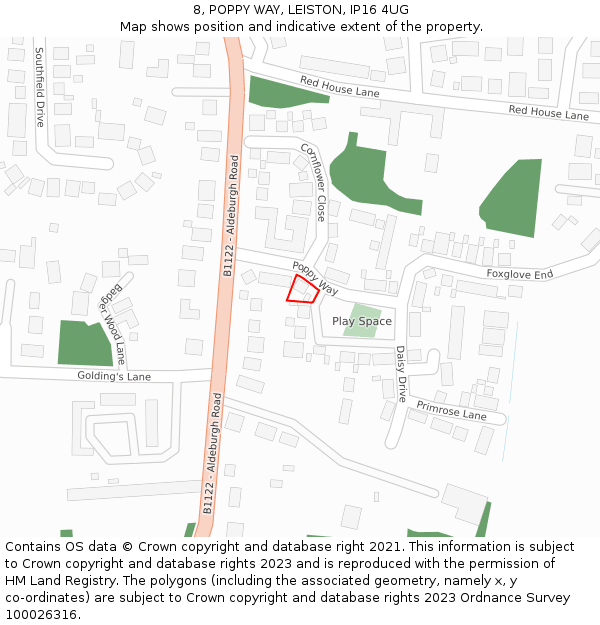 8, POPPY WAY, LEISTON, IP16 4UG: Location map and indicative extent of plot