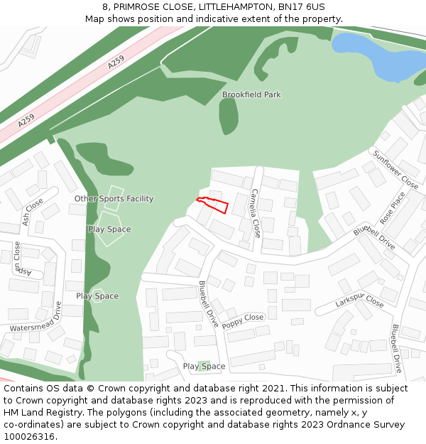 8, PRIMROSE CLOSE, LITTLEHAMPTON, BN17 6US: Location map and indicative extent of plot
