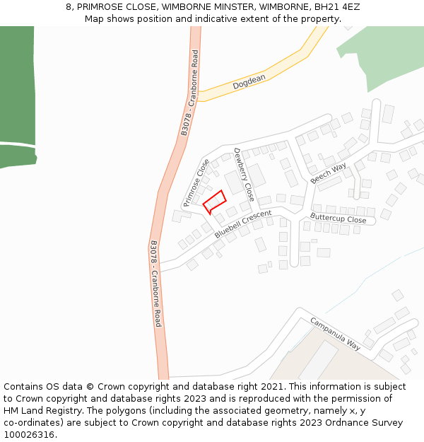 8, PRIMROSE CLOSE, WIMBORNE MINSTER, WIMBORNE, BH21 4EZ: Location map and indicative extent of plot