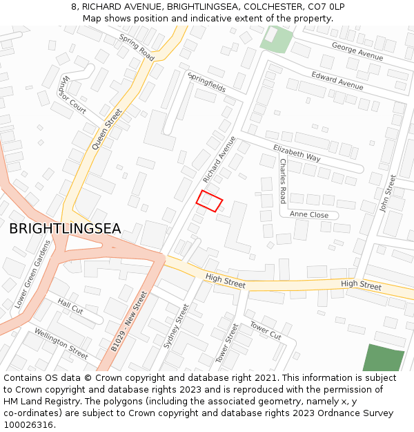 8, RICHARD AVENUE, BRIGHTLINGSEA, COLCHESTER, CO7 0LP: Location map and indicative extent of plot