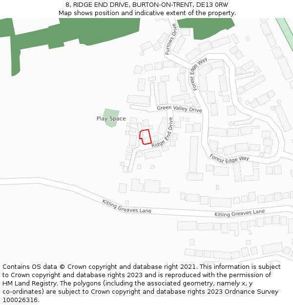 8, RIDGE END DRIVE, BURTON-ON-TRENT, DE13 0RW: Location map and indicative extent of plot