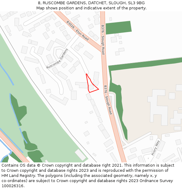 8, RUSCOMBE GARDENS, DATCHET, SLOUGH, SL3 9BG: Location map and indicative extent of plot