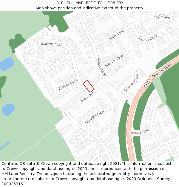 8, RUSH LANE, REDDITCH, B98 8RY: Location map and indicative extent of plot