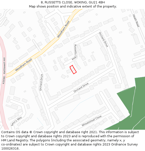 8, RUSSETTS CLOSE, WOKING, GU21 4BH: Location map and indicative extent of plot