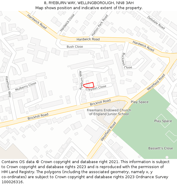 8, RYEBURN WAY, WELLINGBOROUGH, NN8 3AH: Location map and indicative extent of plot