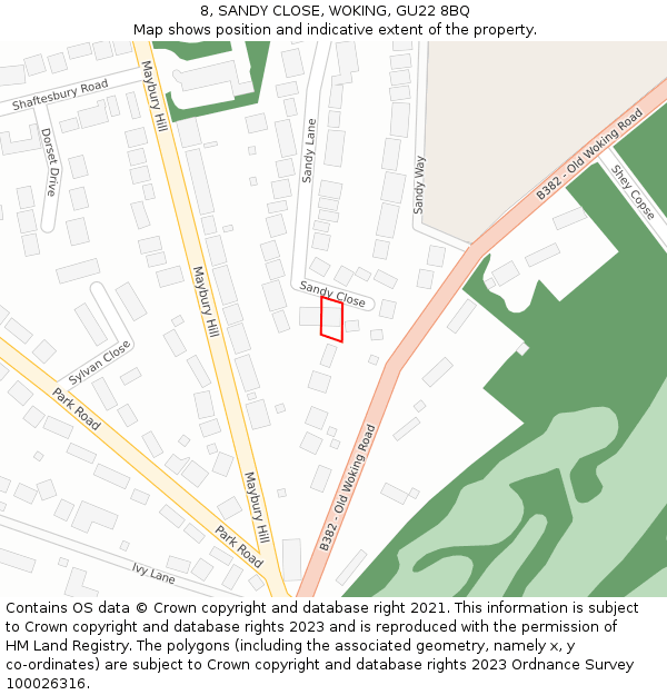 8, SANDY CLOSE, WOKING, GU22 8BQ: Location map and indicative extent of plot