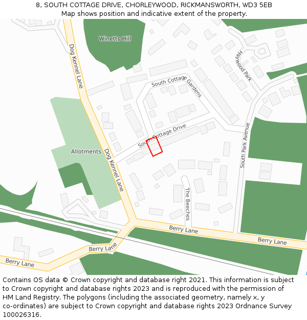8, SOUTH COTTAGE DRIVE, CHORLEYWOOD, RICKMANSWORTH, WD3 5EB: Location map and indicative extent of plot