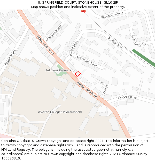 8, SPRINGFIELD COURT, STONEHOUSE, GL10 2JF: Location map and indicative extent of plot