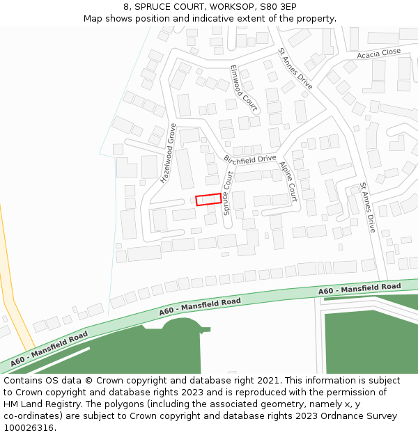 8, SPRUCE COURT, WORKSOP, S80 3EP: Location map and indicative extent of plot