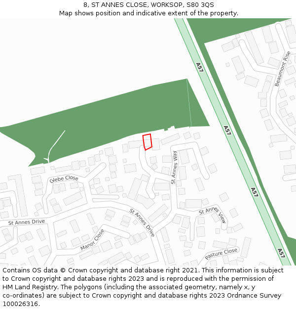8, ST ANNES CLOSE, WORKSOP, S80 3QS: Location map and indicative extent of plot