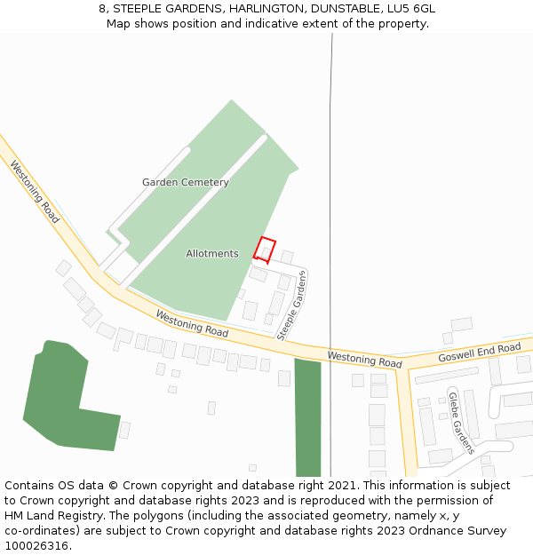 8, STEEPLE GARDENS, HARLINGTON, DUNSTABLE, LU5 6GL: Location map and indicative extent of plot