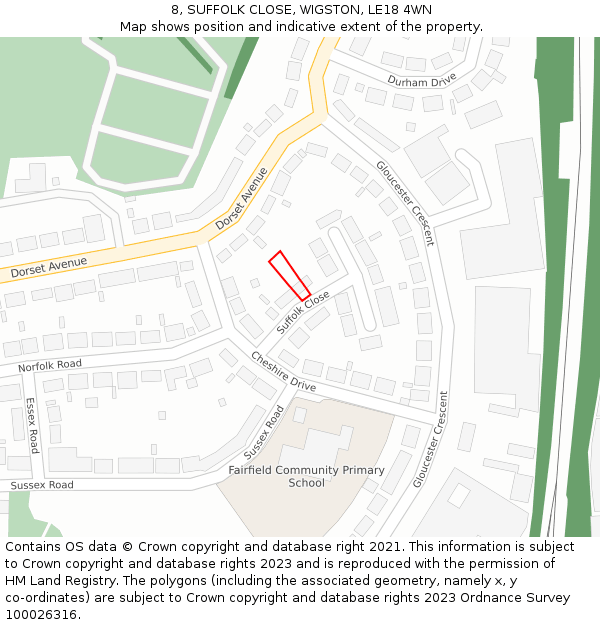 8, SUFFOLK CLOSE, WIGSTON, LE18 4WN: Location map and indicative extent of plot