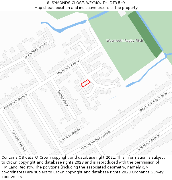 8, SYMONDS CLOSE, WEYMOUTH, DT3 5HY: Location map and indicative extent of plot