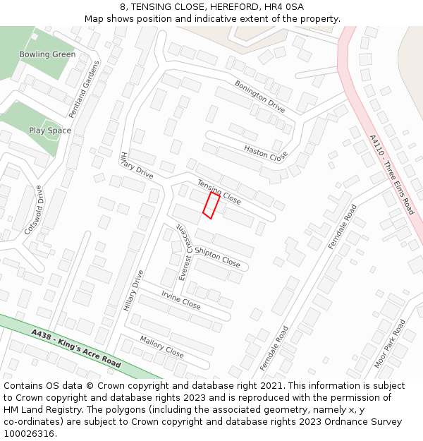 8, TENSING CLOSE, HEREFORD, HR4 0SA: Location map and indicative extent of plot